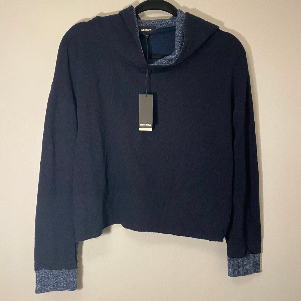 Monrow | Cropped Hooded Navy Sweatshirt Size M NWT
